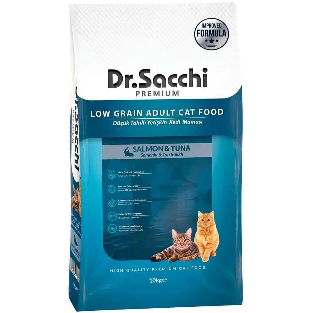 Dr. Sacchi Düşük Tahıllı Somonlu ve Ton Balıklı Yetişkin Kedi Maması 10 Kg