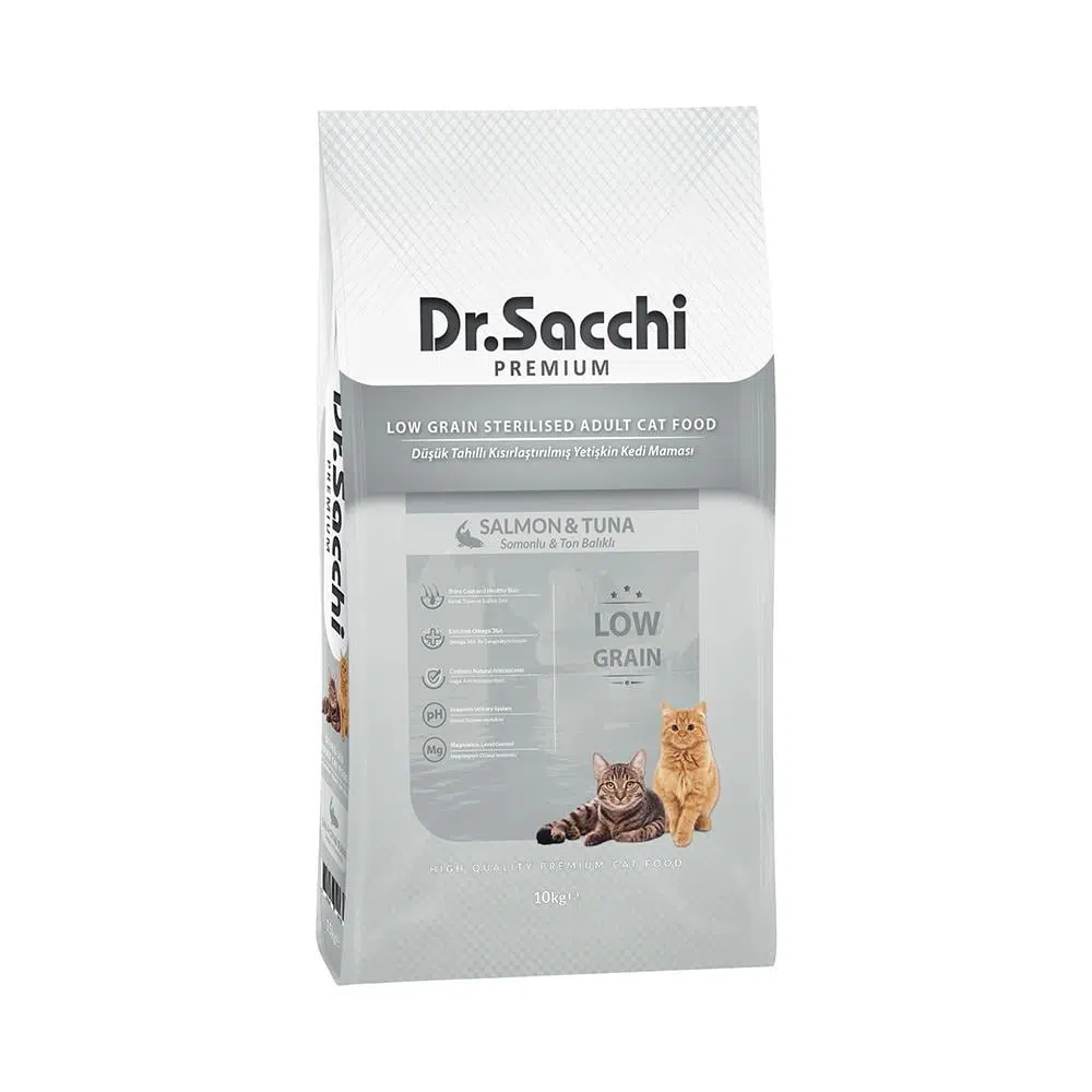 Dr.Sacchi Premium Somonlu ve Ton Balıklı Düşük Tahıllı Kısırlaştırılmış Kedi Maması 10kg
