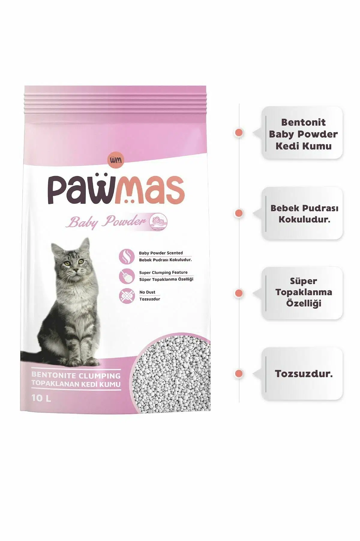 Pawmas Bebek Pudrası Kokulu Bentonit Kedi Kumu 10 Lt