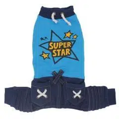 Pawstar Köpek Tulumu Kapşonlu Turkuaz Süper Star Desenli M