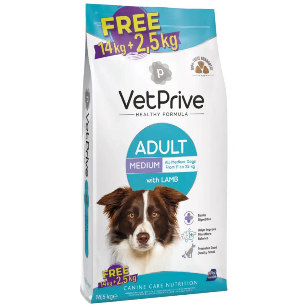 VetPrive Medium Adult Kuzu Etli Orta ve Büyük Irk Yetişkin Köpek Maması 14+2.5 Kg